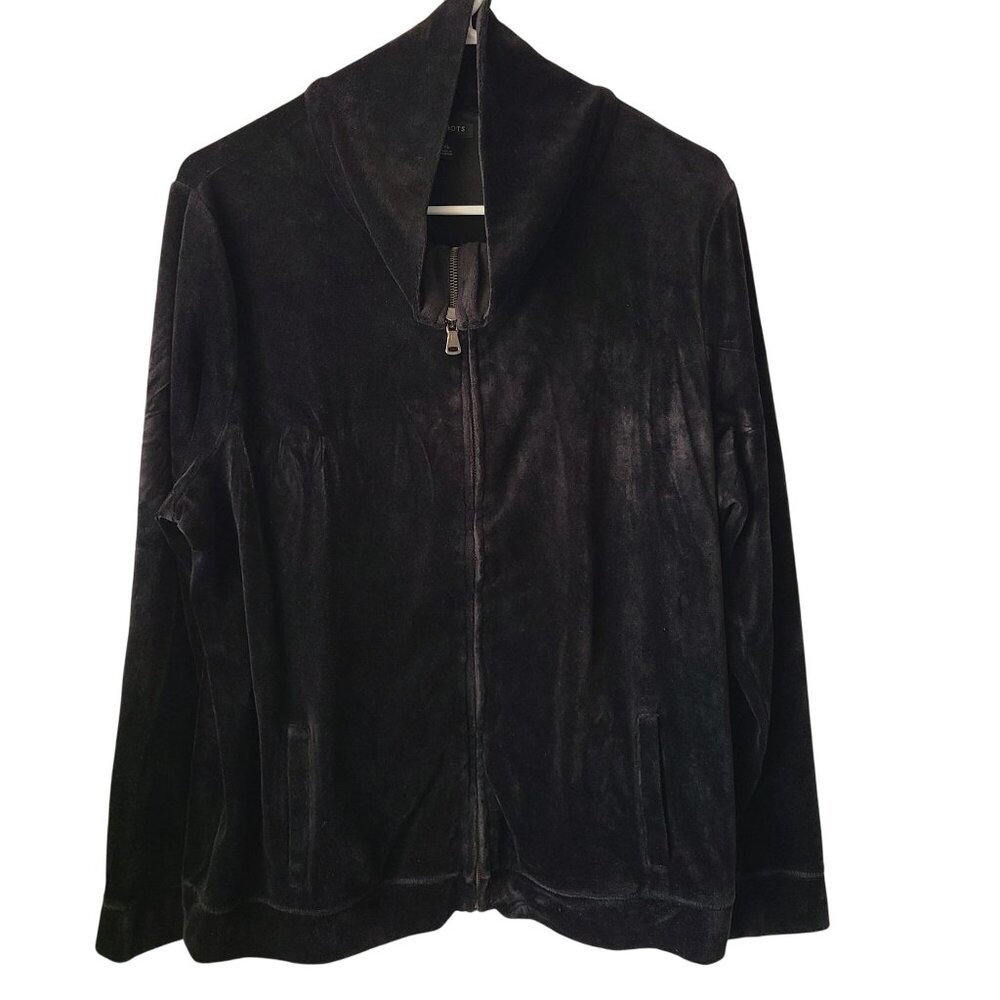 Talbots US Womens XL Black Velour Zip-Up Jacket Lounge Front Pockets